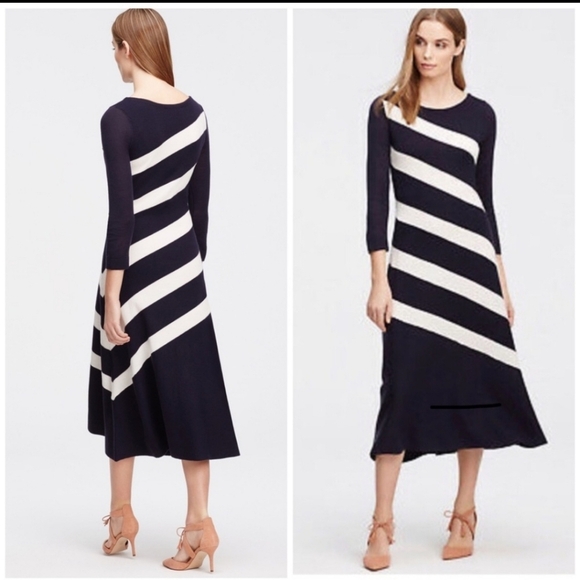 Ann Taylor Midi Stripe Navy Sweater Dress SZ X-Small - Picture 1 of 6